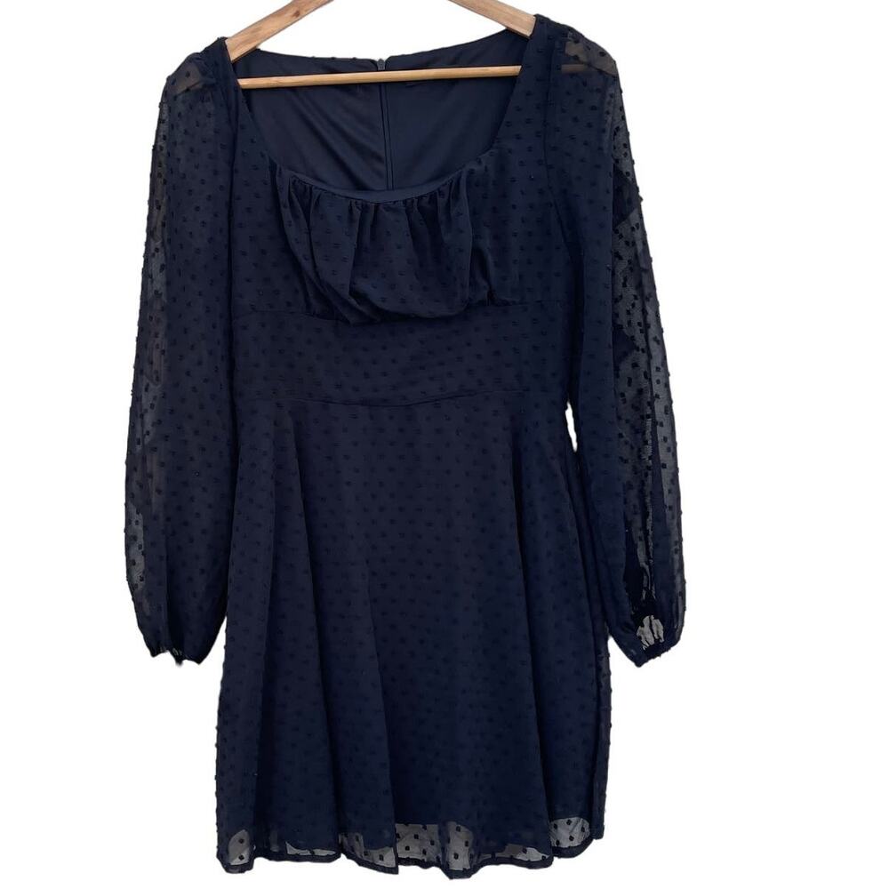 Shein Black Baby Doll Long Sleeve Mini Dress with Textured Sheer Overlay Size